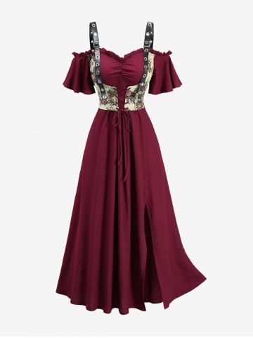 Robe grande taille à épaules dénudées, brodée de fleurs, lacée, froncée et fendue, style corset, coupe trapèze texturée, ornée de lacets et de fronces - DEEP RED - 5X | US 30-32