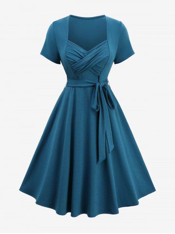 Gothic Plus Size Crossover Bust Solid A Line Dress with Removable Tied Belt - PEACOCK BLUE - 1X | US 14-16
