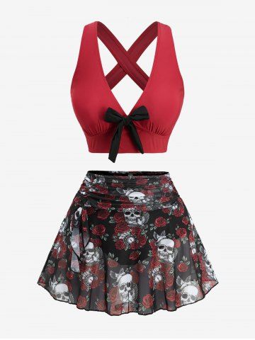 Plus Size Skulls Rose Flowers Print Skirt Bowknot Crisscross Straps Tankini Swimsuit - RED - 4X | US 26-28