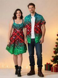 Christmas Plaid Star Sparkling Sequin Glitter 3D Print Plus Size Matching Outfit For Couples -  
