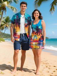 Ensemble chemise et barboteuse hawaïennes assorties, grande taille, tenue de plage, imprimé cocotier, nuage marin, pour couples - Vert 