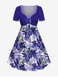Robe hawaïenne cintrée grande taille à imprimé feuilles tropicales et fleurs - Pourpre  5X