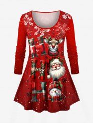 T-shirt de Noël grande taille à manches longues avec imprimé Père Noël, bonhomme de neige, flocon de neige, élan - Rouge 6X