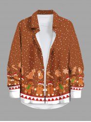 Plus Size Christmas Gingerbread Tree Snowman Snowflake Candy Print Buttons Pocket Long Sleeves Shirt For Men -  