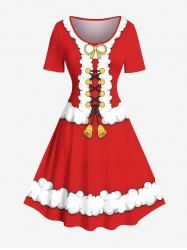 Costume de Père Noël grande taille, robe vintage à lacets avec imprimé 3D et cloche - Rouge 1X