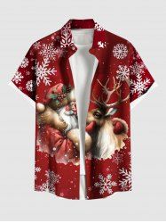 Plus Size Christmas Santa Claus Snowflake Elk Print Buttons Pocket Shirt For Men -  