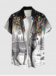 Plus Size Colorful Christmas Light Elk Tree Ball Galaxy Print Button Pocket Shirt For Men -  