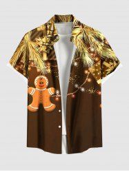 Plus Size Christmas Tree Gift Light Gingerbread Print Button Pocket Shirt For Men -  