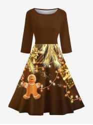 Robe mi-longue vintage années 50 à imprimé pain d'épices et sapin de Noël - Café profond S