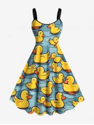 Plus Size Cute Duck Pond Print Hawaii A Line Dress - Bleu Ciel 5X