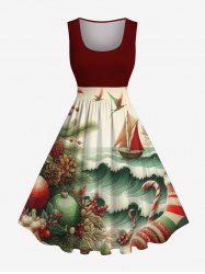Robe trapèze vintage grande taille à imprimé houx, bonbons, vagues de la mer, voilier, croisière - Rouge 6X