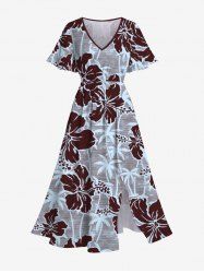 Plus Size Coconut Tree Hibiscus Flower Print Hawaii Split Pocket A Line Midi Dress -  