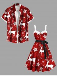 Tenue assortie grande taille à imprimé écossais et fleurs d'élan de Noël pour couples - Rouge 