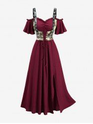 Robe grande taille à épaules dénudées, brodée de fleurs, lacée, froncée et fendue, style corset, coupe trapèze texturée, ornée de lacets et de fronces - Rouge foncé 5x | US 30-32