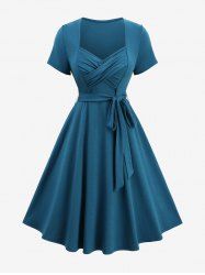 Gothic Plus Size Crossover Bust Solid A Line Dress with Removable Tied Belt -  