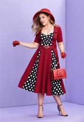 Robe trapèze vintage à col rabattu et imprimé pois grande taille, boutons factices, boucle en cœur, patchwork froncé - Rouge foncé L | US 12
