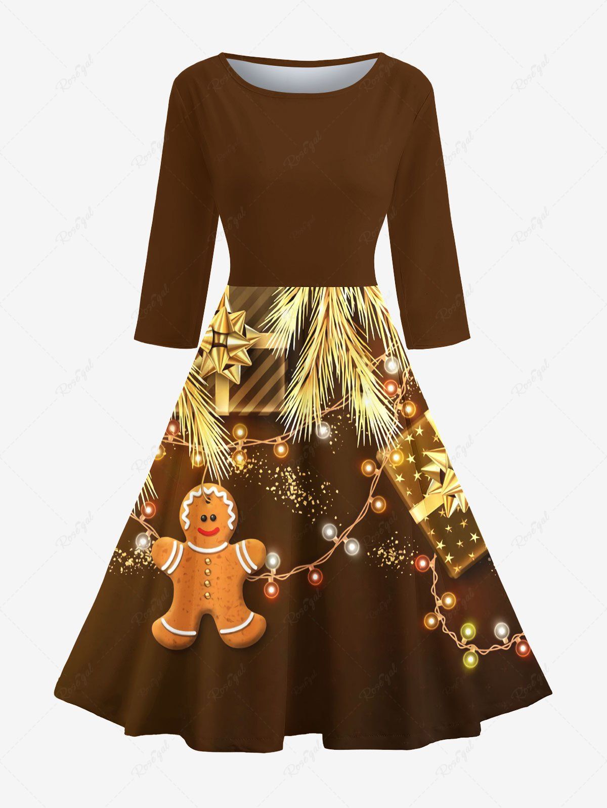 Sale Christmas Tree Gift Light Gingerbread Print Midi 50's Vintage Dress  