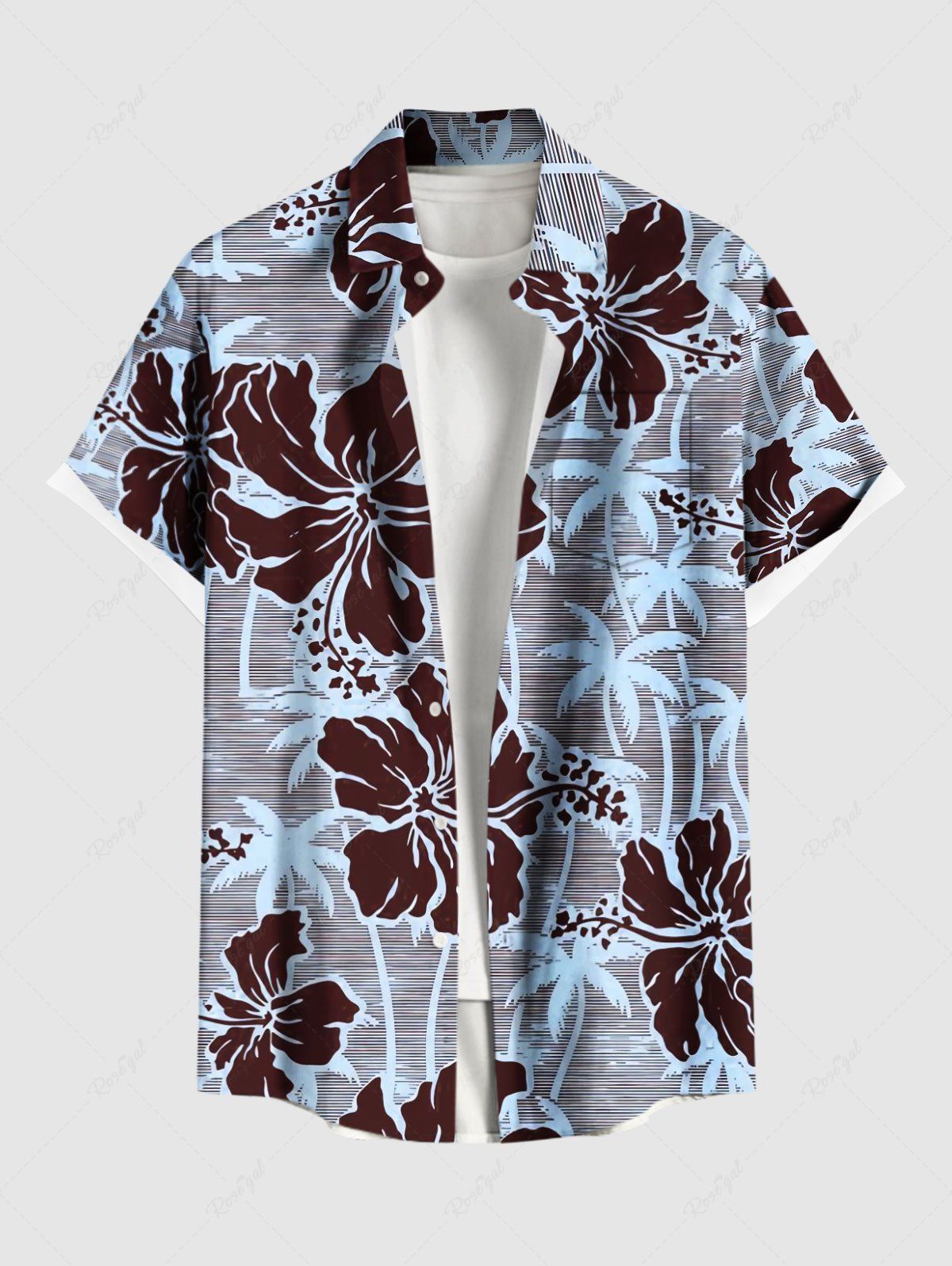 Chemise hawaïenne grande taille à imprimé cocotier et fleurs d'hibiscus pour homme Bleu Poudre M
