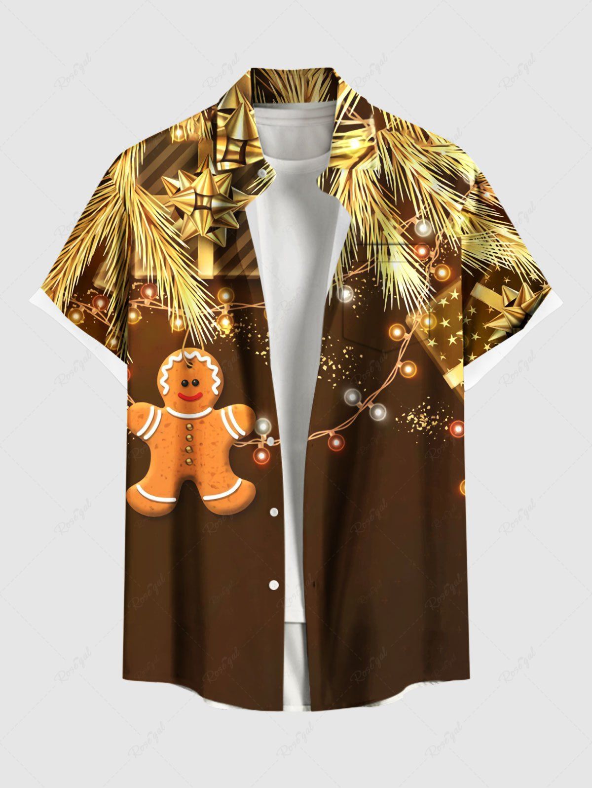 Chemise boutonnée à imprimé pain d'épices et sapin de Noël grande taille pour homme Café profond S