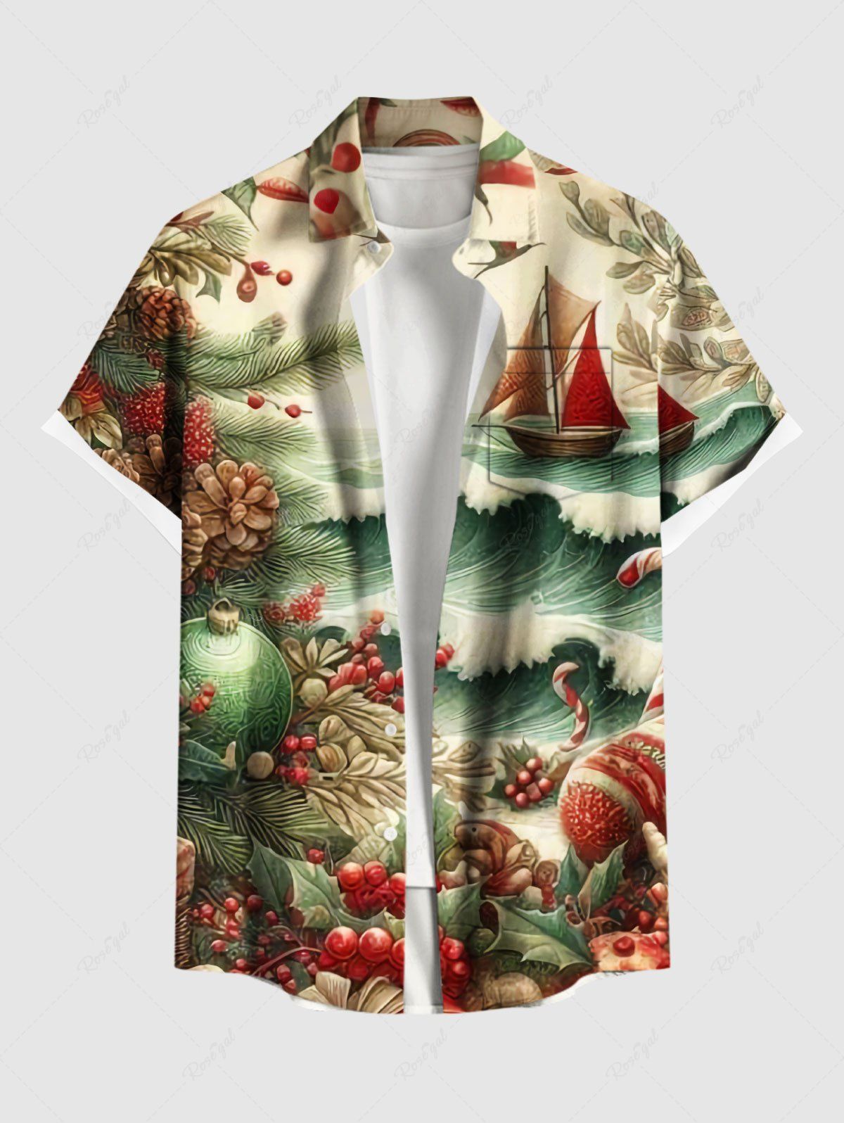 Chemise boutonnée grande taille pour homme, motif houx, bonbons, vagues, voilier, imprimé croisière Rouge S