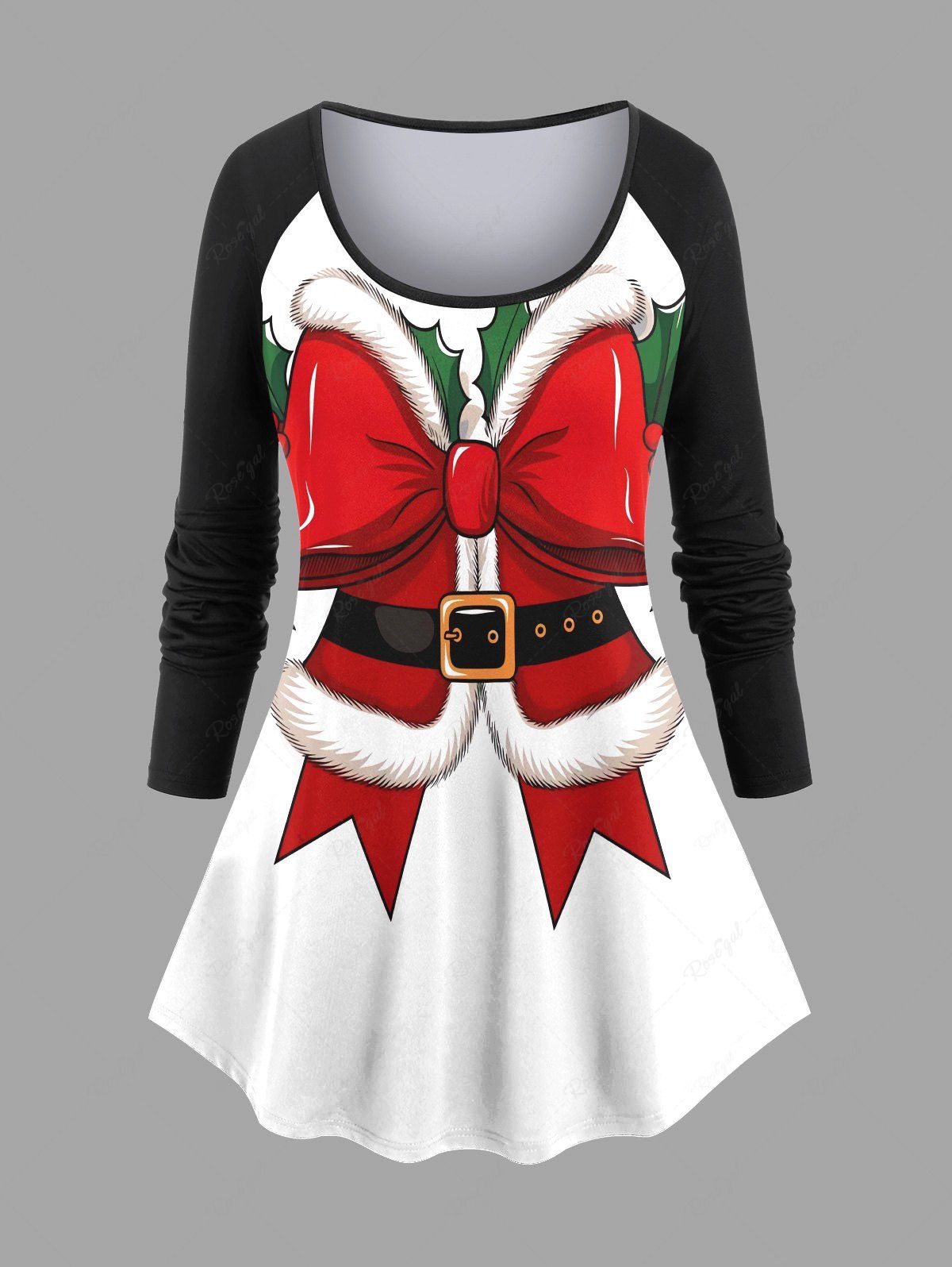 T-shirt de Noël à manches longues et imprimé houx pour femme, grande taille Noir XS