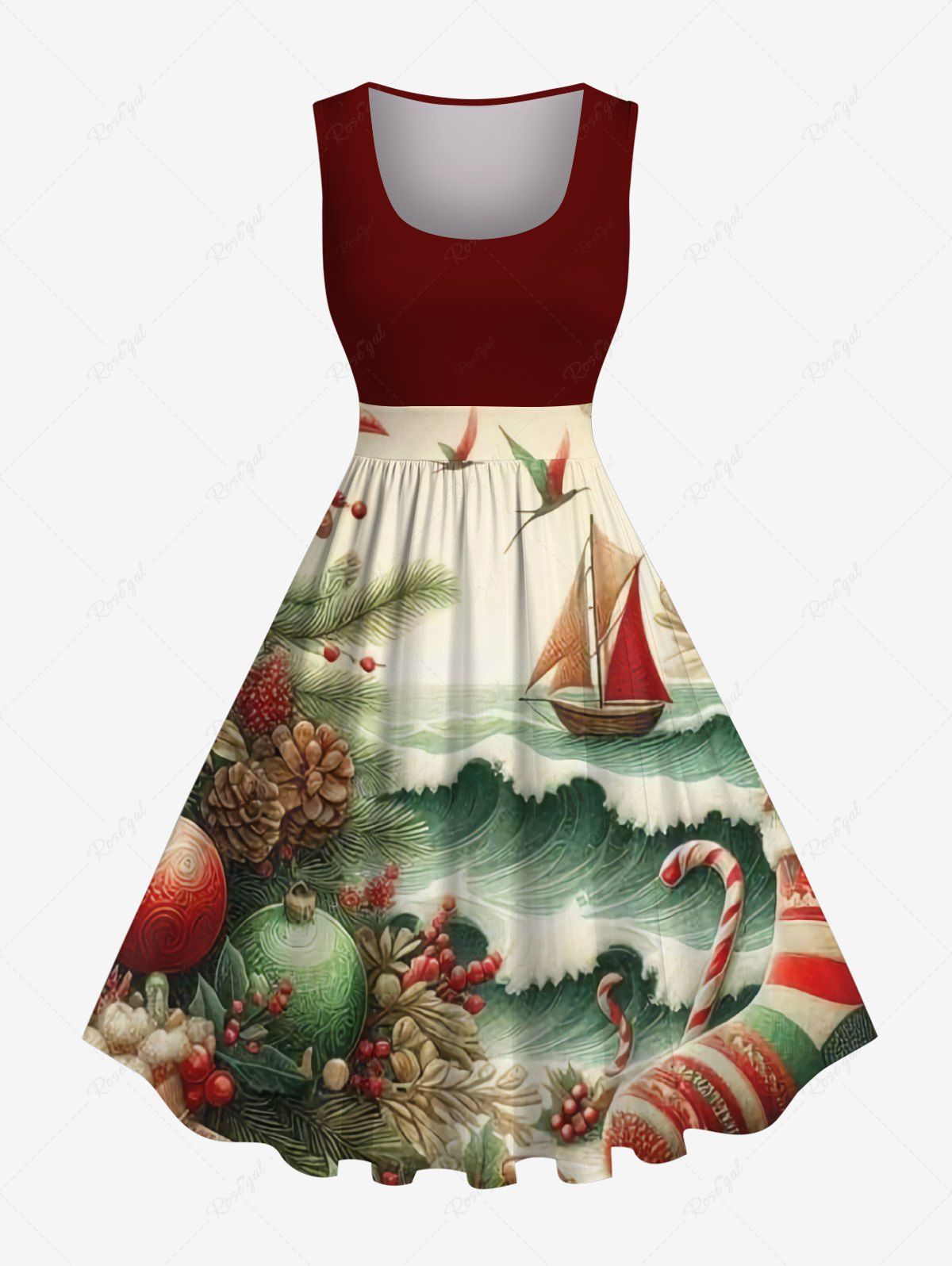 Shop Plus Size Christmas Holly Candy Sea Waves Sailboat Print Cruise Vintage Swing A Line Dress  