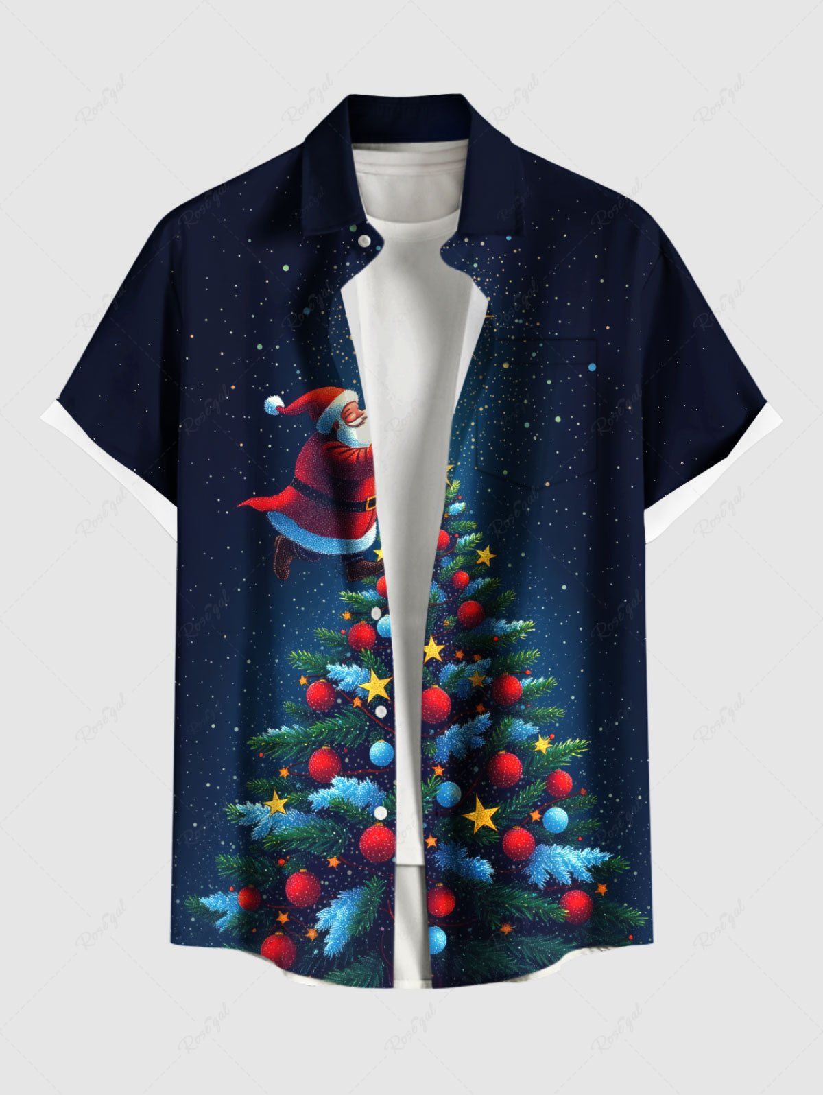 Chemise grande taille à boutons et poches pour homme, avec imprimé sapin de Noël, boules, étoiles, Père Noël Noir S