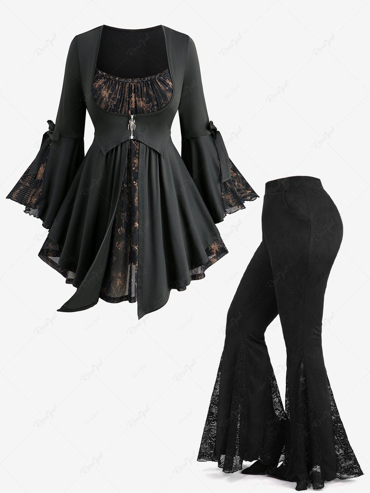 Trendy Flowers Print Spider Shaped Zipper Bowknot Flare Sleeve 2 In 1 Top and Floral Lace Flare Pants Plus Size Outfit  