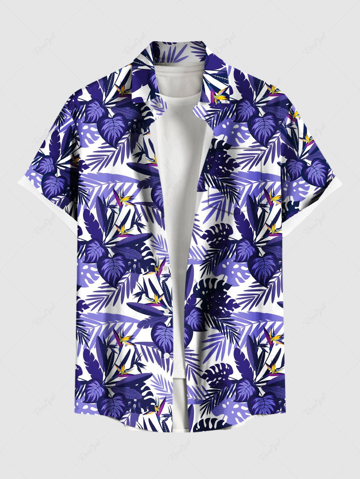 Chemise hawaïenne grande taille à imprimé fleurs et feuilles tropicales, avec poches et boutons, pour homme Pourpre  L