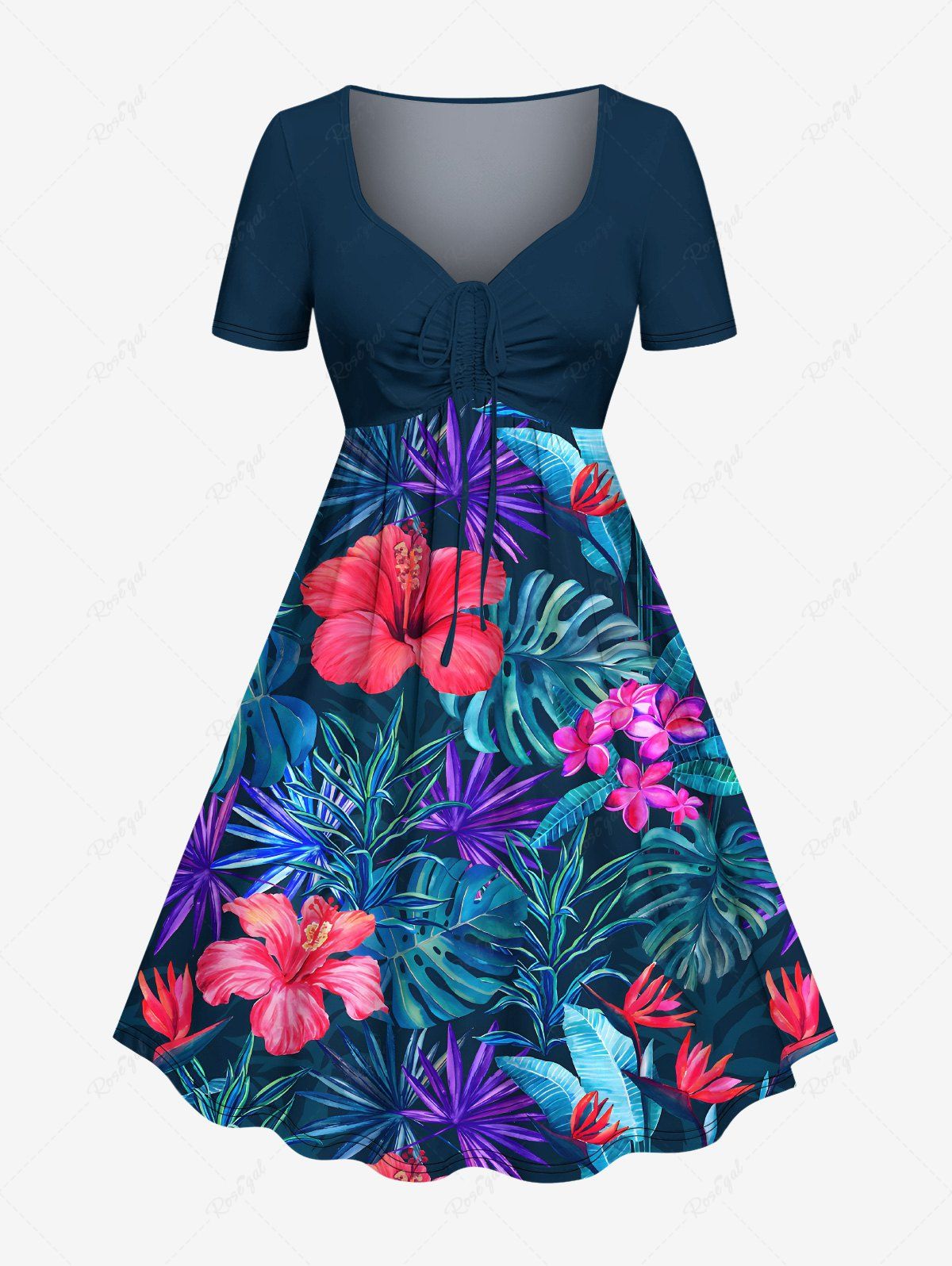 Robe hawaïenne cintrée grande taille à imprimé feuilles tropicales et fleurs d'hibiscus Bleu Marine XXS