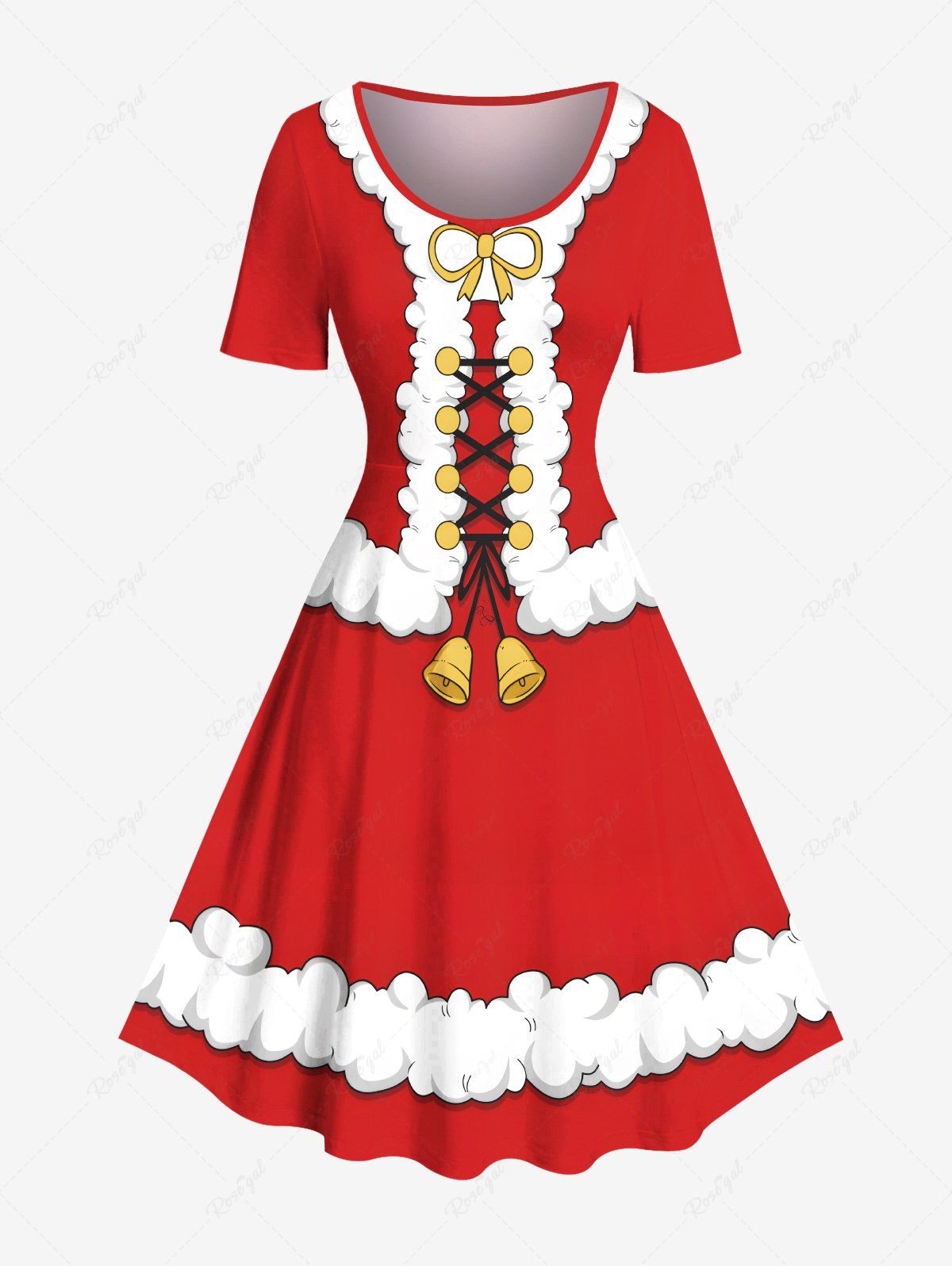 Costume de Père Noël grande taille, robe vintage à lacets avec imprimé 3D et cloche Rouge M