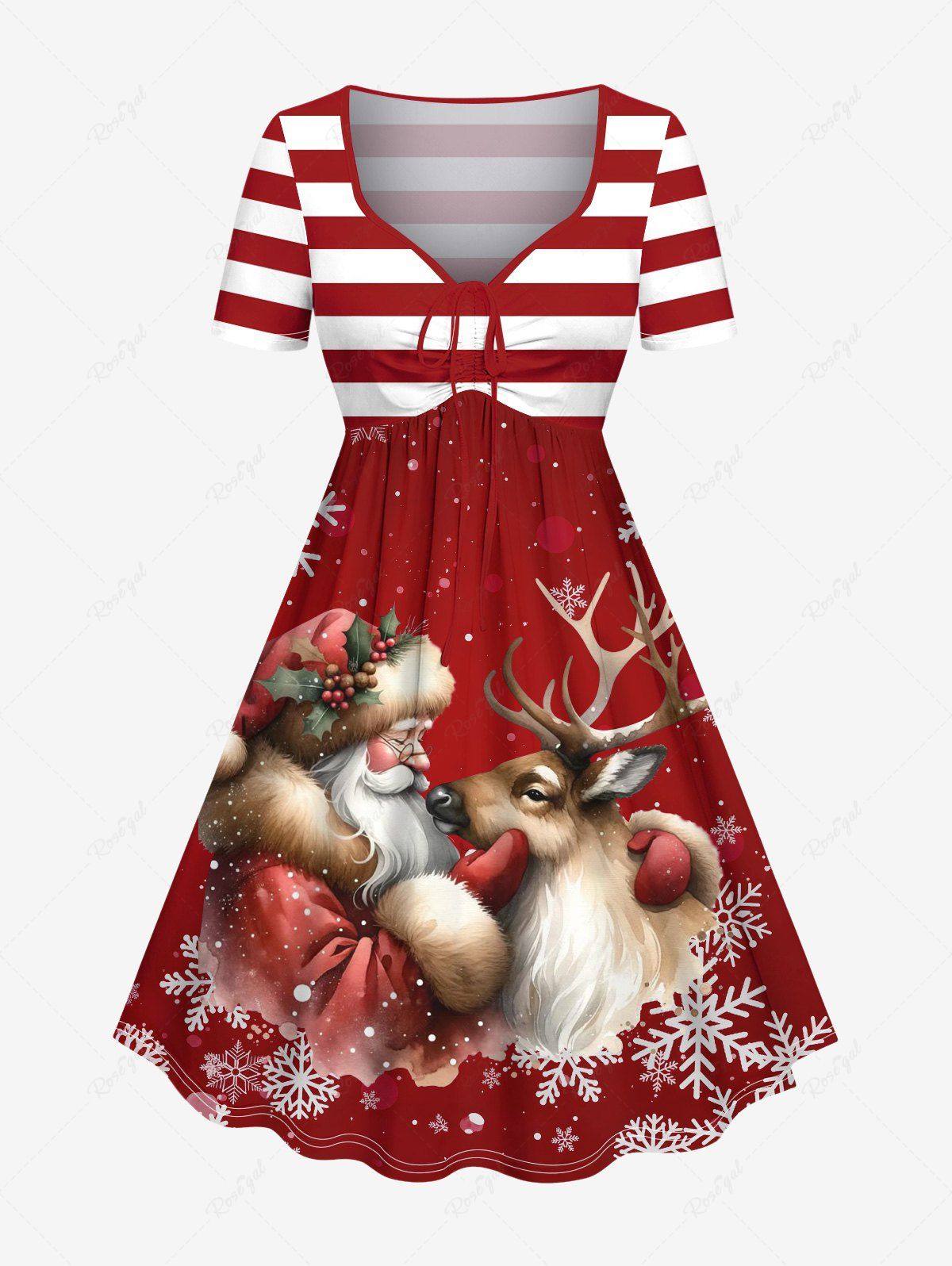 Robe cintrée grande taille à imprimé Père Noël, flocon de neige, élan et rayures Rouge 3X