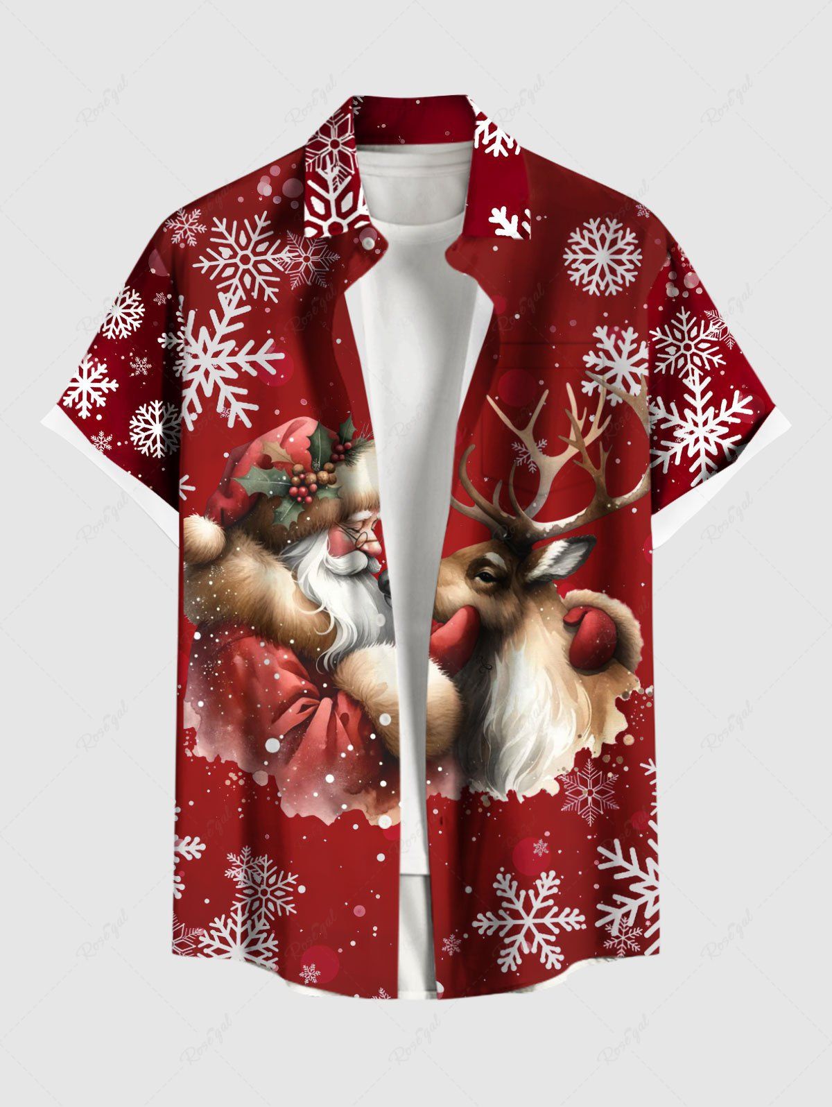 Shop Plus Size Christmas Santa Claus Snowflake Elk Print Buttons Pocket Shirt For Men  