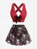 Maillot de bain tankini grande taille à imprimé de têtes de mort et de roses, avec nœud papillon et bretelles croisées. - Rouge 3X | US 22-24