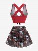 Maillot de bain tankini grande taille à imprimé de têtes de mort et de roses, avec nœud papillon et bretelles croisées. - Rouge 3X | US 22-24
