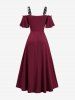 Plus Size Cold Shoulder Flower Embroidered Lace Up Ruched Split Corset A Line Textured Dress -  