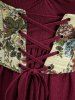 Robe grande taille à épaules dénudées, brodée de fleurs, lacée, froncée et fendue, style corset, coupe trapèze texturée, ornée de lacets et de fronces - Rouge foncé 4X | US 26-28