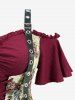 Robe grande taille à épaules dénudées, brodée de fleurs, lacée, froncée et fendue, style corset, coupe trapèze texturée, ornée de lacets et de fronces - Rouge foncé 4X | US 26-28