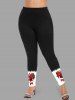 Leggings de Noël grande taille à imprimé houx et nœud papillon - Noir 4X