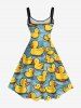 Plus Size Cute Duck Pond Print Hawaii A Line Dress - Bleu Ciel 5X