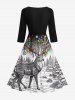 Colorful Christmas Light Elk Tree Ball Galaxy Print Midi 50's Vintage Dress -  