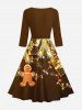 Christmas Tree Gift Light Gingerbread Print Midi 50's Vintage Dress -  