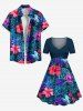Robe hawaïenne cintrée grande taille à imprimé feuilles tropicales et fleurs d'hibiscus - Bleu Marine 1X