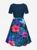 Robe hawaïenne cintrée grande taille à imprimé feuilles tropicales et fleurs d'hibiscus - Bleu Marine 1X