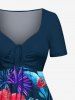 Robe hawaïenne cintrée grande taille à imprimé feuilles tropicales et fleurs d'hibiscus - Bleu Marine 1X