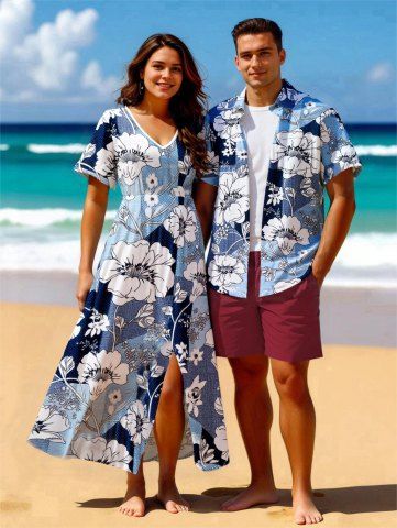Flower Branch Colorblock Print Plus Size Matching Hawaii Beach Outfit For Couples
