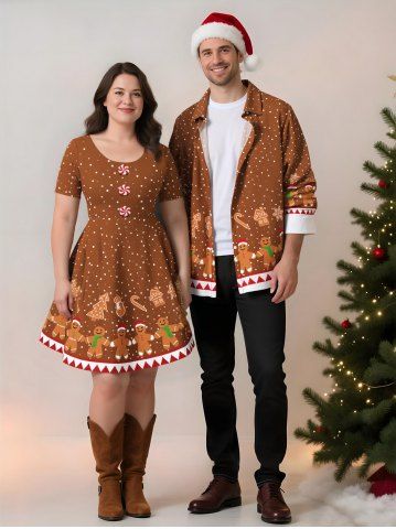 Christmas Gingerbread Tree Snowman Snowflake Candy Print Plus Size Matching Outfit For Couples - LIGHT BROWN
