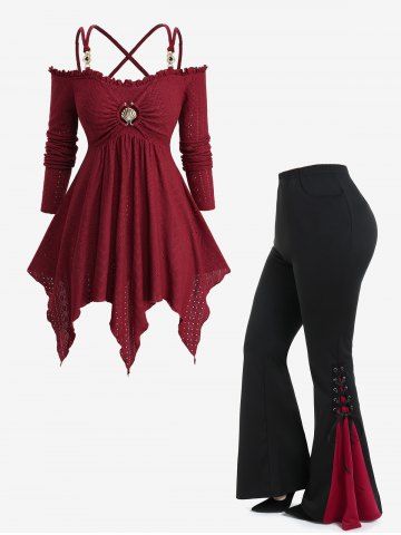 Jacquard Embroidered Crisscross Handkerchief Top and Lace Up Contrast Godet Hem Flare Pants Plus Size Outfit - RED