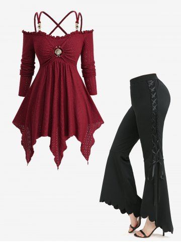 Jacquard Embroidered Crisscross Handkerchief Top and Lace Up Scalloped Hem Flare Pants Plus Size Outfit - RED
