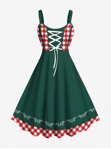 Plus Size Christmas Plaid Lace Up Print A Line Dress - DEEP GREEN - XXS